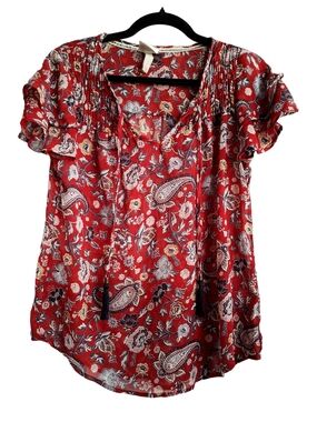 Knox Rose Red Floral Paisley V-Neck Peasant Retro Cottagecore small Blouse
